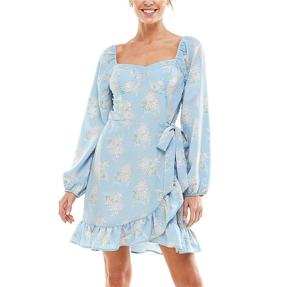 Lily Rose Blue Floral Long Sleeve Ruffle Tie Dress
